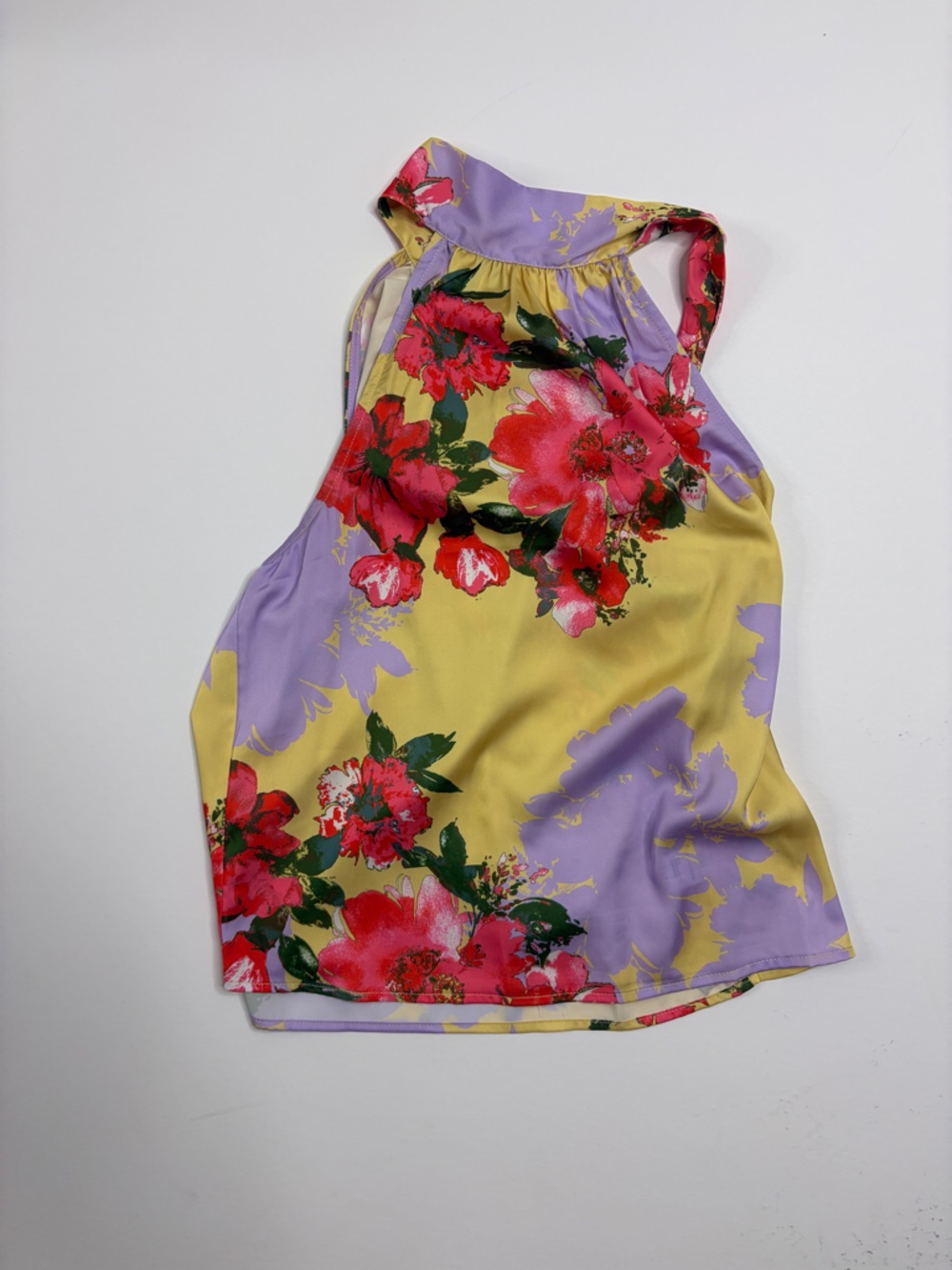 Floral Halter Tank Top - Yellow & Lavender with Pink Floral Print
